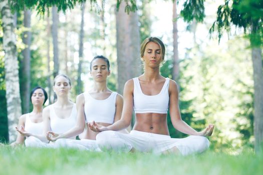 Women in white sportswear sitting in lotus position during group yoga training at park