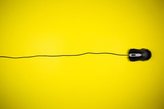 Computer yellow mouse with a long wire on a yellow background