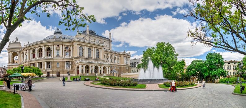 Odessa, Ukraine 05.22.2020. Theater Square, the most popular tourist place in Odessa, Ukraine, on a sunny spring day