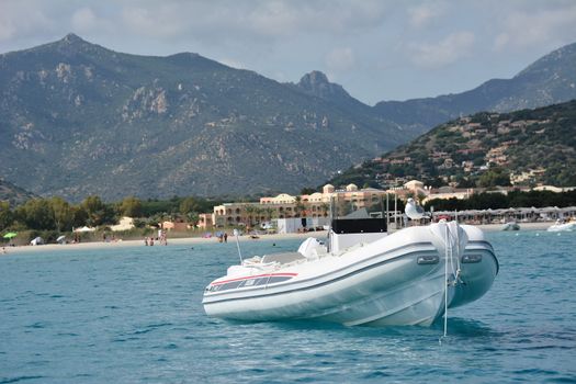 Motorboat in Villasimius near the beach in Sardinia, Italy