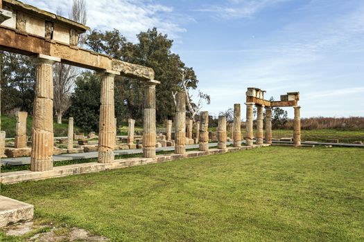 Temple of Artemis in archaeological site of Brauron, Attica, Greece. Afternoon time.