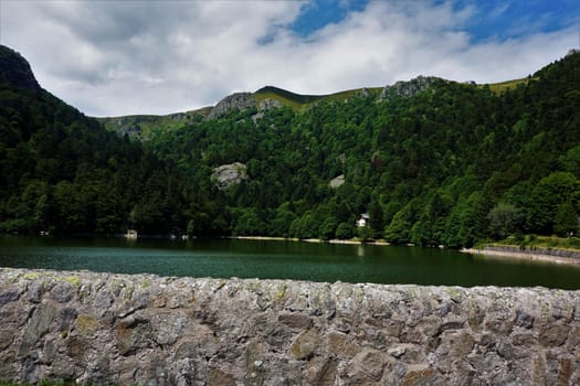 Schiessrothried Lake with dam wall in the Department Haut-Rhin, France