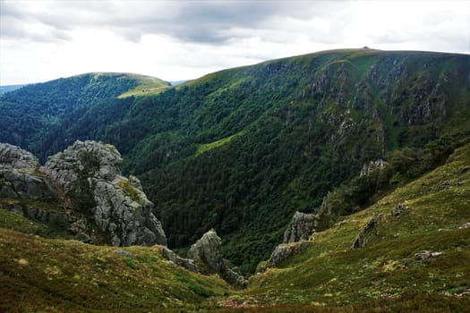 Panoramic view over the Rochers de la Martinswand to the Hohneck mountain in the Vosges, France