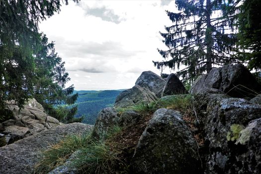 View from the Sentiers des Roches to the hills of the Vosges, France