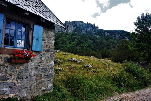 View from the Ferme Auberge du Frankenthal to the rocks of Le Martinswand, France