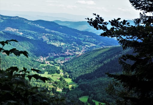 Panoramic view over the valley of the La Petite Fecht river in the Vosges, France on a sunny day