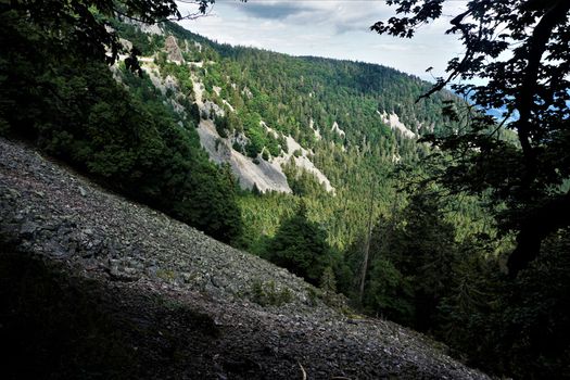 View from the Sentiers des Roches to the flanks of the Col de la Schlucht in the Vosges, France