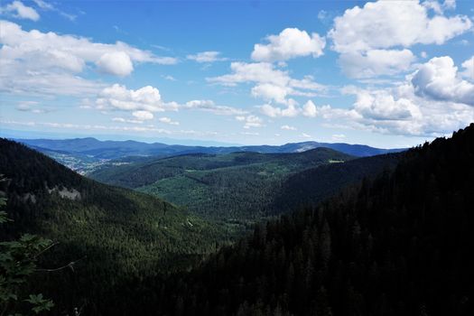 Panoramic view from the Sentiers des Roches over the Ballons des Vosges, France