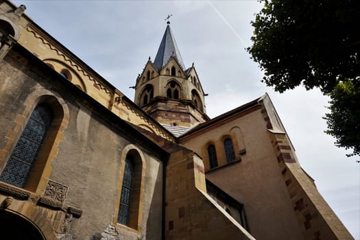 Worm's-eye view on the Assumption Church of Rouffach, France