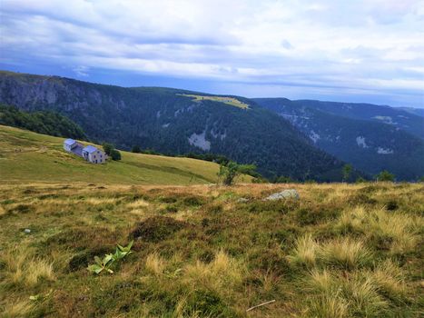 Panorama view over gentle hills in the Vosges region, France