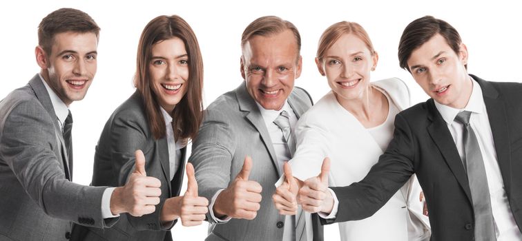 Team of happy successful business people with thumb up isolated over white background