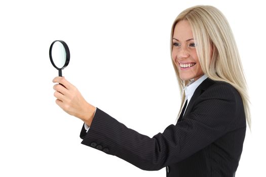 Business woman search with magnifier isolated on white background