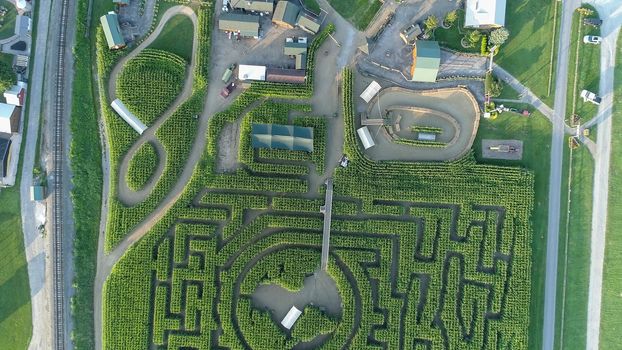 Downward view from a drone of a large corn maze in Pennsylvania