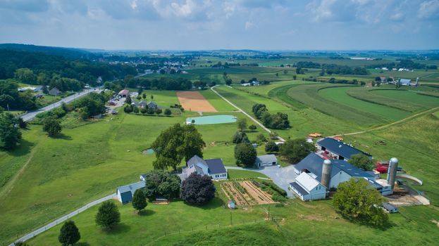Aerial view of green farmlands and rolling crops growing on a beautiful sky on a sunny countryside