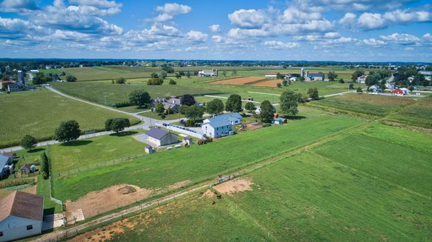 Aerial view of green farmlands and rolling crops growing on a beautiful sky on a sunny countryside
