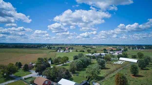 Aerial view of Amish countryside on a sunny summer day