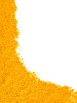 Turmeric Powder or Curcuma longa on white background. Top view. Copy space for text.