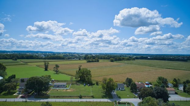 Aerial view of Amish countryside on a sunny summer day