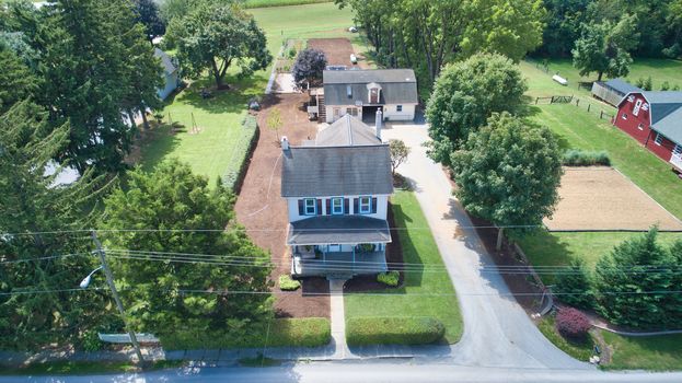 Aerial view of an Amish Farm House on a Summer Day