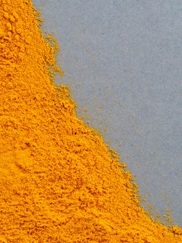 Turmeric Powder or Curcuma longa on gray background. Top view. Copy space for text.