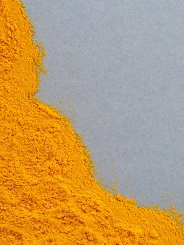 Turmeric Powder or Curcuma longa on gray background. Top view. Copy space for text.