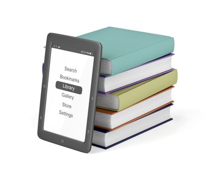 Stack of colorful books and e-book reader on white background