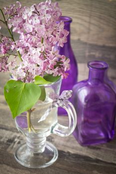 A branch of lilac with flowers in the rays of sun standing in a bottle of water. Decorated with violet bottles