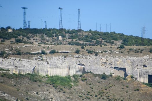 Ancient quarries in the rocks. Evidence of an ancient highly developed civilization. Crimean peninsula.