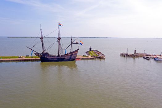 Aerial from a traditional medieval ship in the harbor from Volendam in the Netherlands