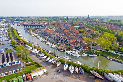 Aerial from harbor and traditional village Monnickendam in the Netherlands