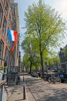 Medieval facades at the Prinsengracht in Amsterdam Netherlands at Kingsday