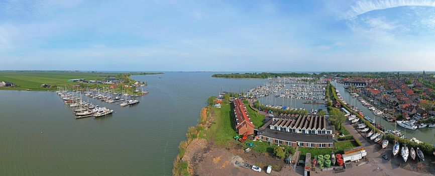 Aerial panorama from the harbor and historical city Monnickendam in the Netherlands