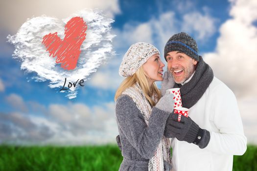 Happy couple in winter fashion holding mugs against cloud heart