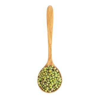 Mung beans wooden spoon isolated on white backgroun, health care concept