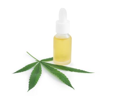 Cannabis or marijuana oil with green leaf plant on white background, health care and medical concept