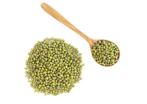 Mung beans wooden spoon isolated on white backgroun, health care concept