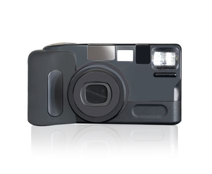 Closeup retro film photo camera isolated on white background