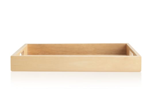 Empty wooden tray isolated on white background