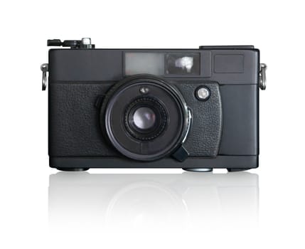 Closeup retro film photo camera isolated on white background