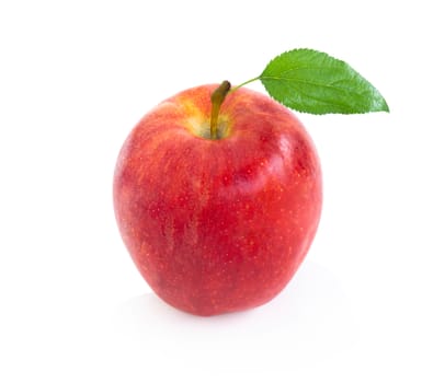 Fresh red apple fruit with green leaf isolated on white background, Healthy food concept