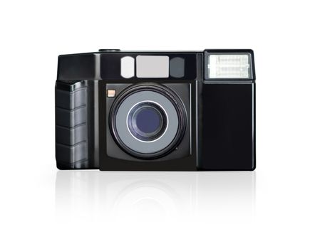 Closeup retro film photo camera isolated on white background