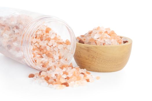 Himalayan pink salt in plastic bottle isoleted on white background, healthy concept