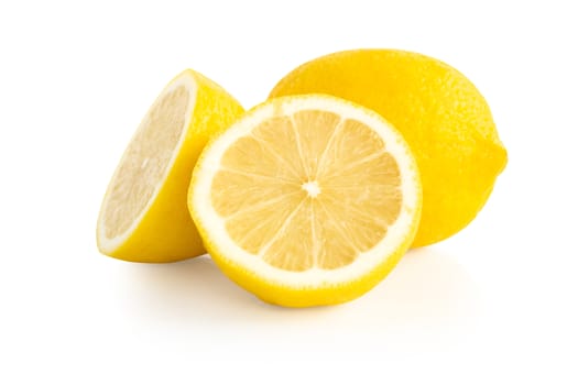 Closeup fresh lemon fruit slice isolated on white background, food and healthy concept