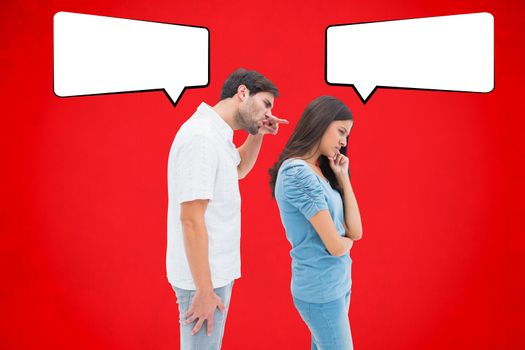 Angry man shouting at girlfriend against red background