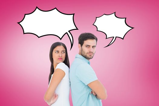 Unhappy couple not speaking to each other  against pink vignette