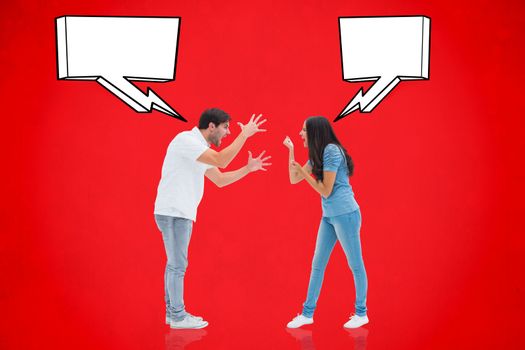 Angry couple shouting at each other against red background