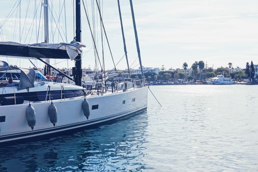 Yachts and boats in the harbor on Mediterranean sea coast, travel and leisure scene