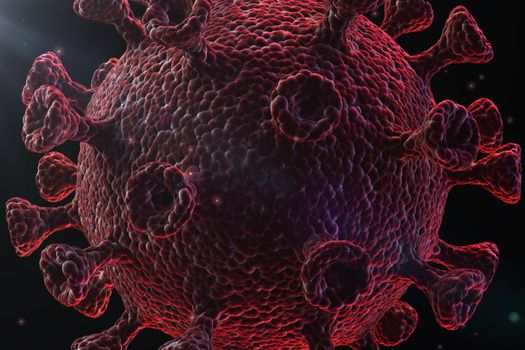 Close - up image of a coronavirus cell on a black background. 3D illustration