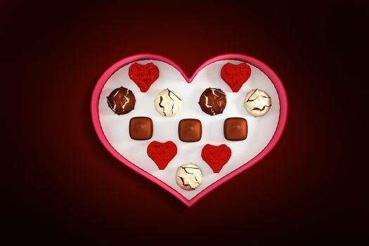 Heart shaped box of candy against red background with vignette