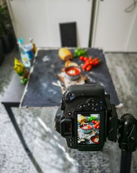 Coullise of culinary product photography with camera on tripod